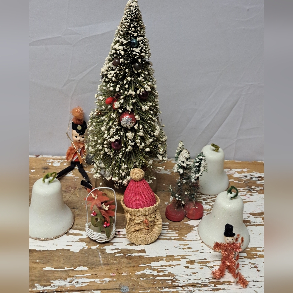 Vintage Christmas Large Bottle Brush Tree Bells Drummer Boy Straw Santa